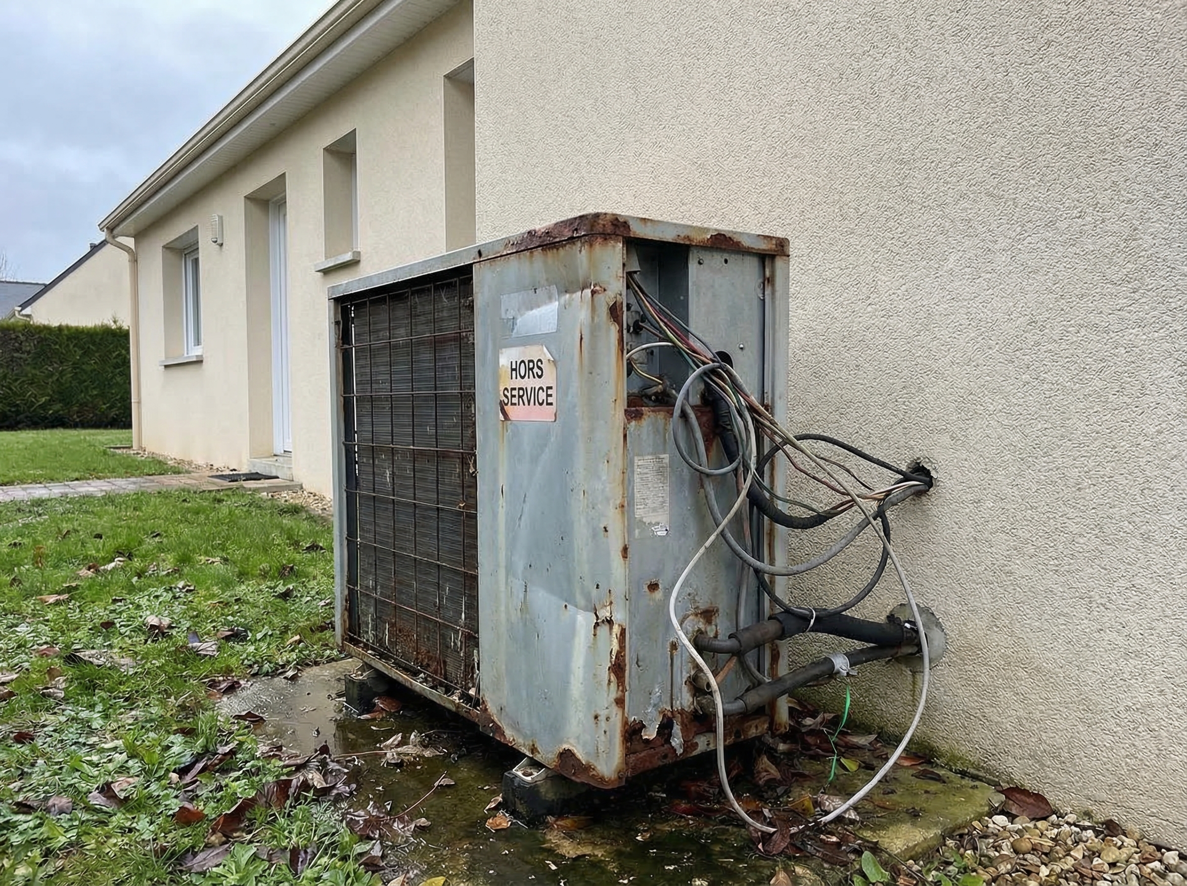 Pompe à chaleur défaillante et rouillée, hors service