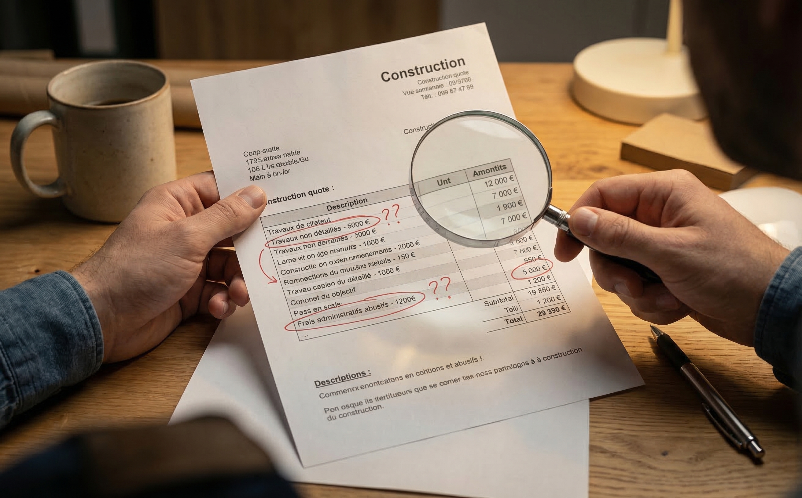 Examen d'un devis de construction avec une loupe, annotations en rouge